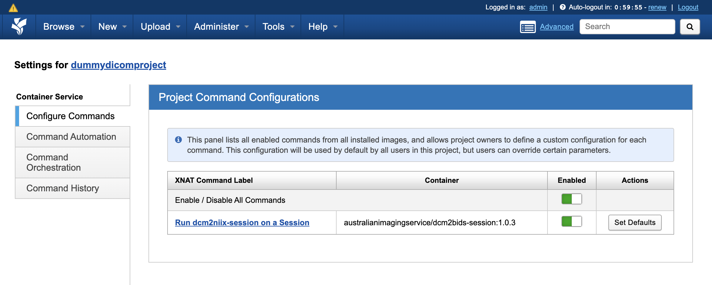 XNAT enable command per project